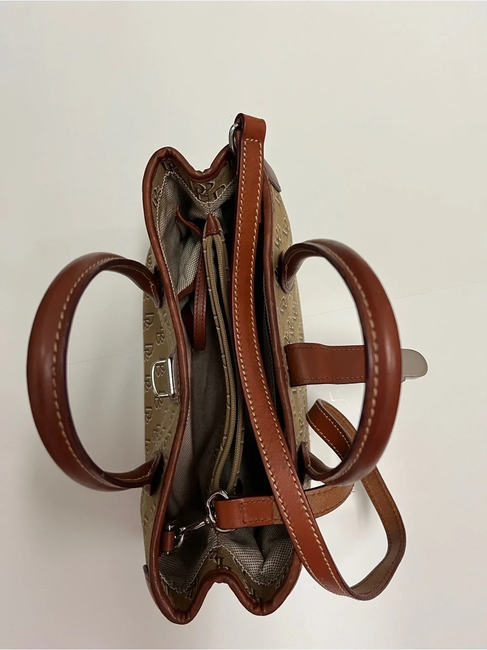 Dooney & Bourke Tan Monogram Satchel with Brown Leather Trim with strap